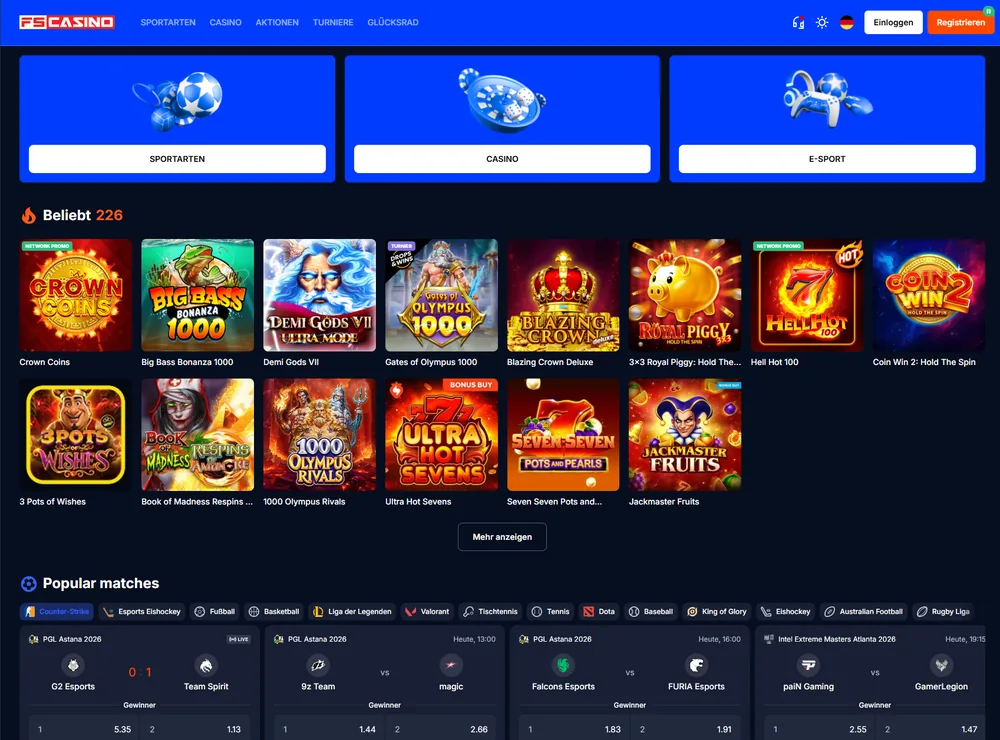 FS.Casino Webseite – Startseite Vorschau