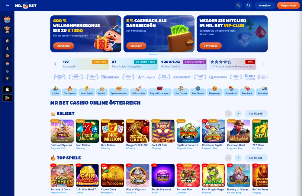 Mr.Bet Webseite – Startseite Vorschau