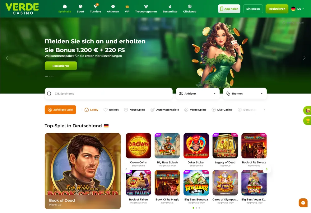 VerdeCasino Webseite – Startseite Vorschau